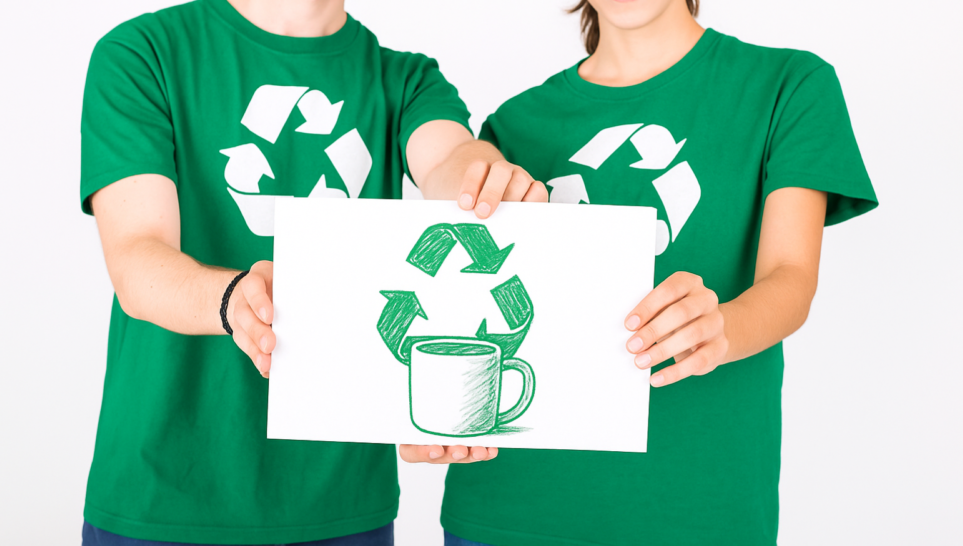 Two people hold a sign showing a painted mint green CURVD mug promoting sustainability.