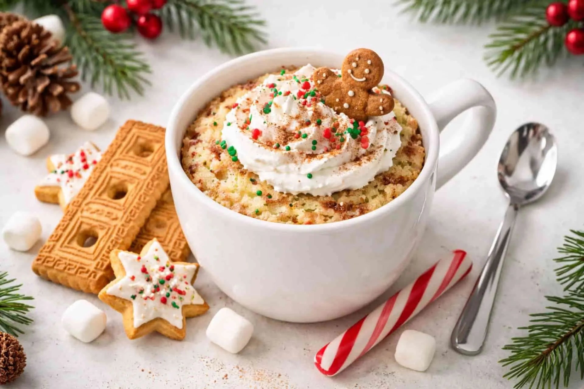 eggnog mug cake topped with whipped cream and cinnamon.