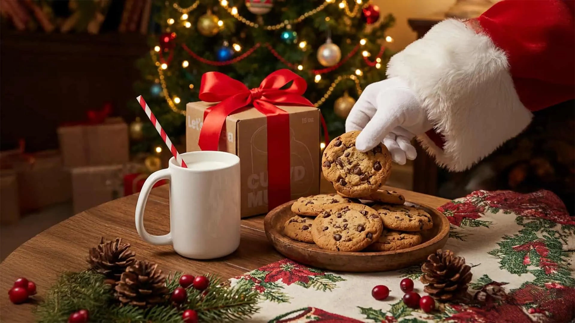 CURVD Mugs styled as a cozy Christmas gift with cookies, a festive mug, and holiday decor on a warm wooden table.