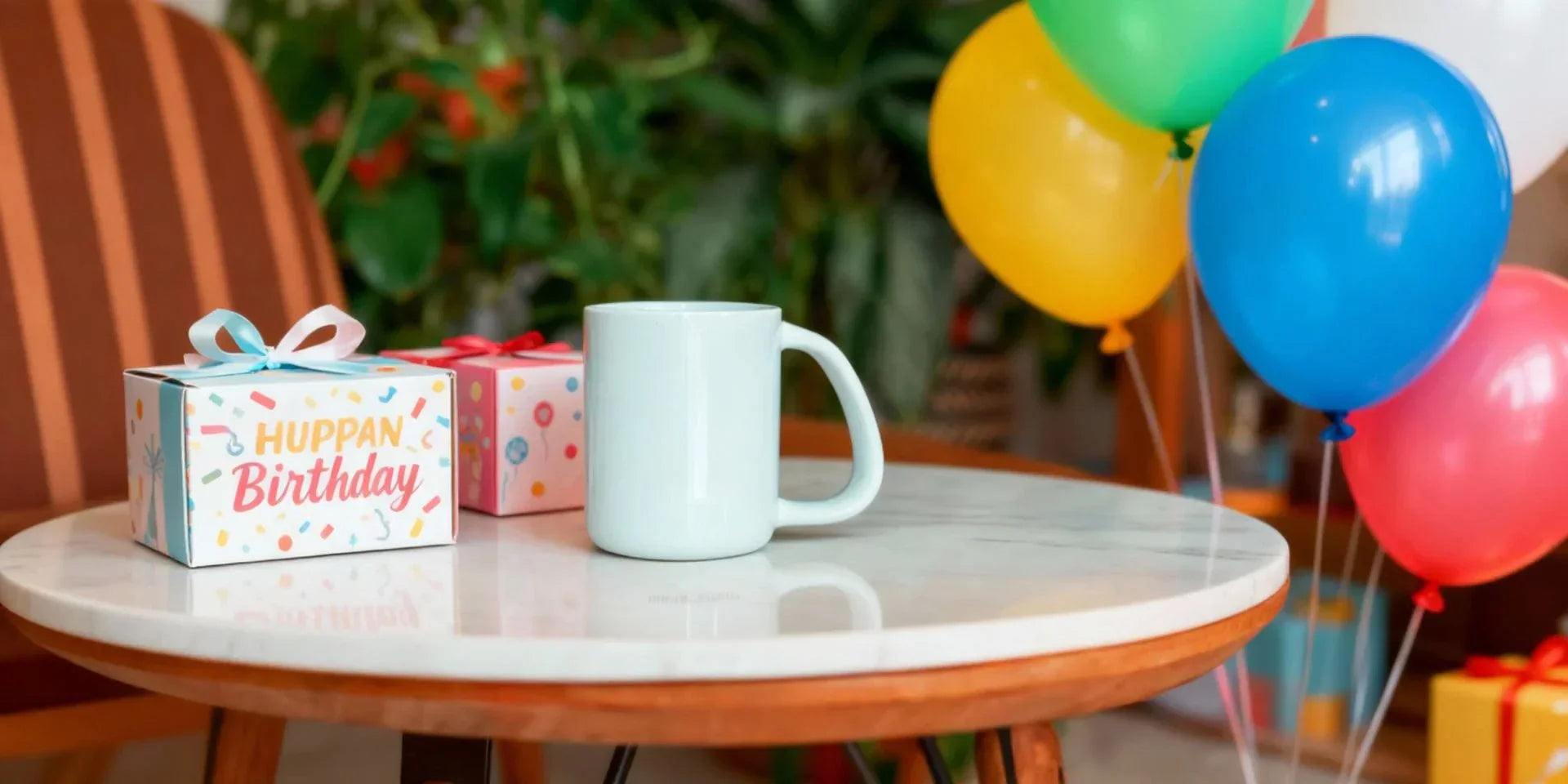 White CURVD mug beside gift boxes with ribbons, symbolizing lasting birthday gifts.